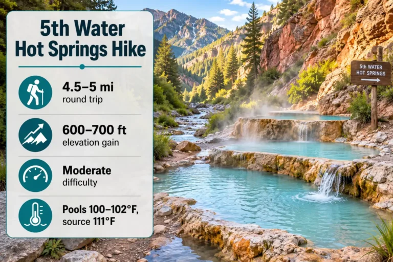 Fifth Water Hot Springs blue pools in Diamond Fork Canyon with infographic showing 4.5 mile round trip, 700 feet elevation gain, moderate difficulty, and 100 to 111 degree water temperature