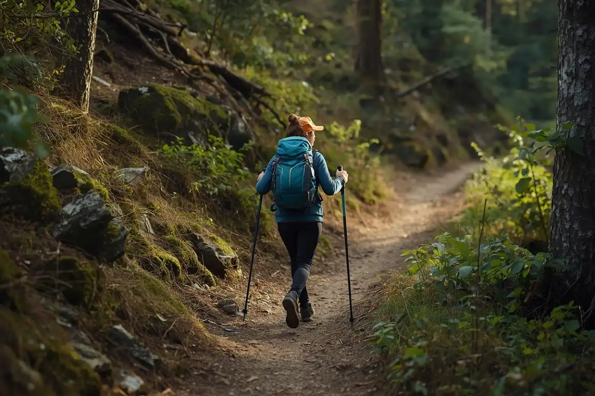 Beginner hiker confidently walking a scenic forest trail after building comfort through regular hikes.