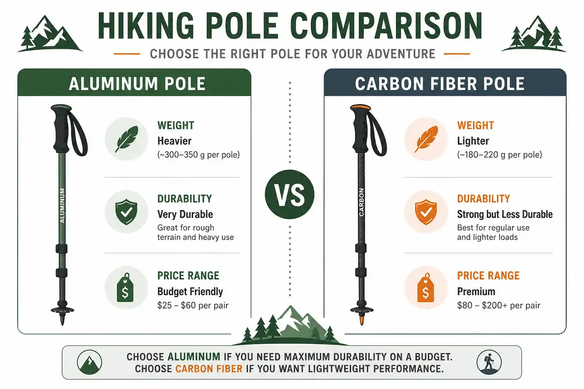 Infographic comparing aluminum and carbon fiber hiking poles by weight durability and price