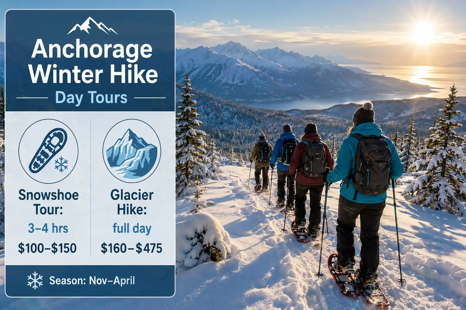 Guided snowshoers on a Chugach trail near Anchorage with an infographic overlay comparing snowshoe tours and glacier hikes by cost and duration
