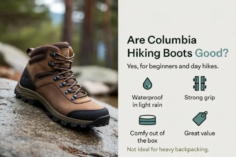 Columbia waterproof hiking boot on a trail rock with infographic icons showing waterproofing, traction, comfort and value for beginners