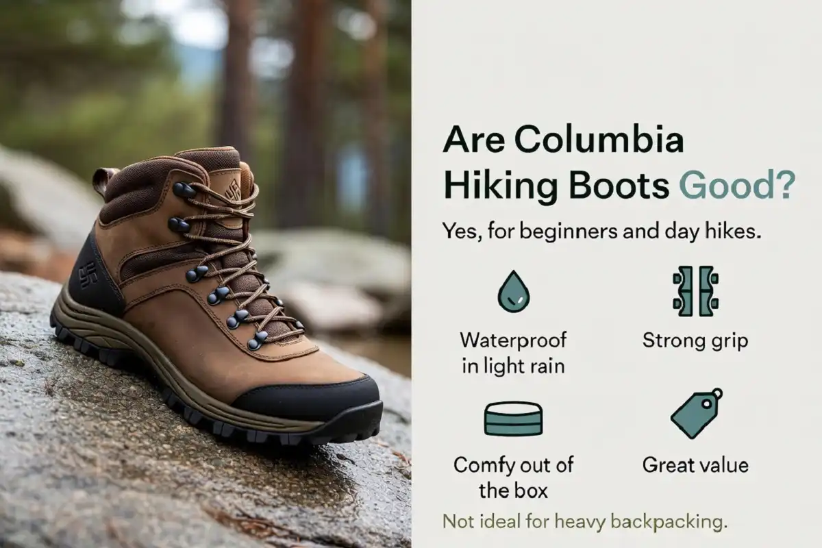 Columbia waterproof hiking boot on a trail rock with infographic icons showing waterproofing, traction, comfort and value for beginners