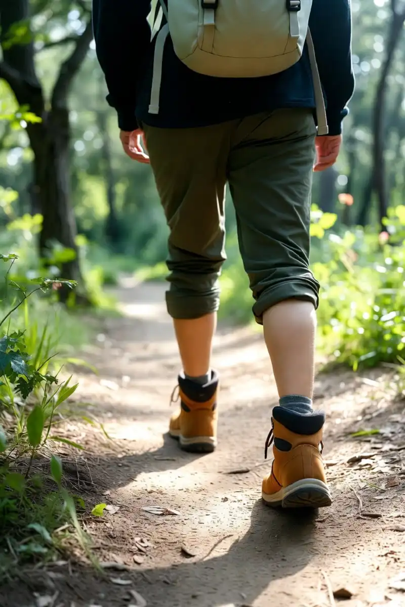 Beginner hiker walking an easy forest trail in mid-cut hiking boots on a sunny day