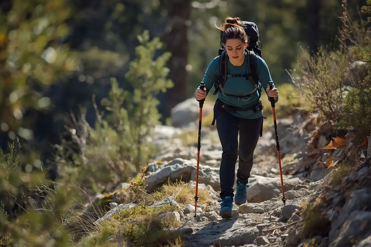 Hiker using a pair of trekking poles for balance while descending a rocky beginner trail