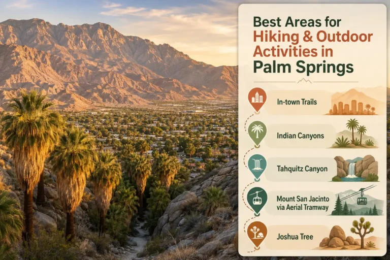 Infographic map about the best areas in Palm Springs for hiking and outdoor activities over a desert and mountain backdrop
