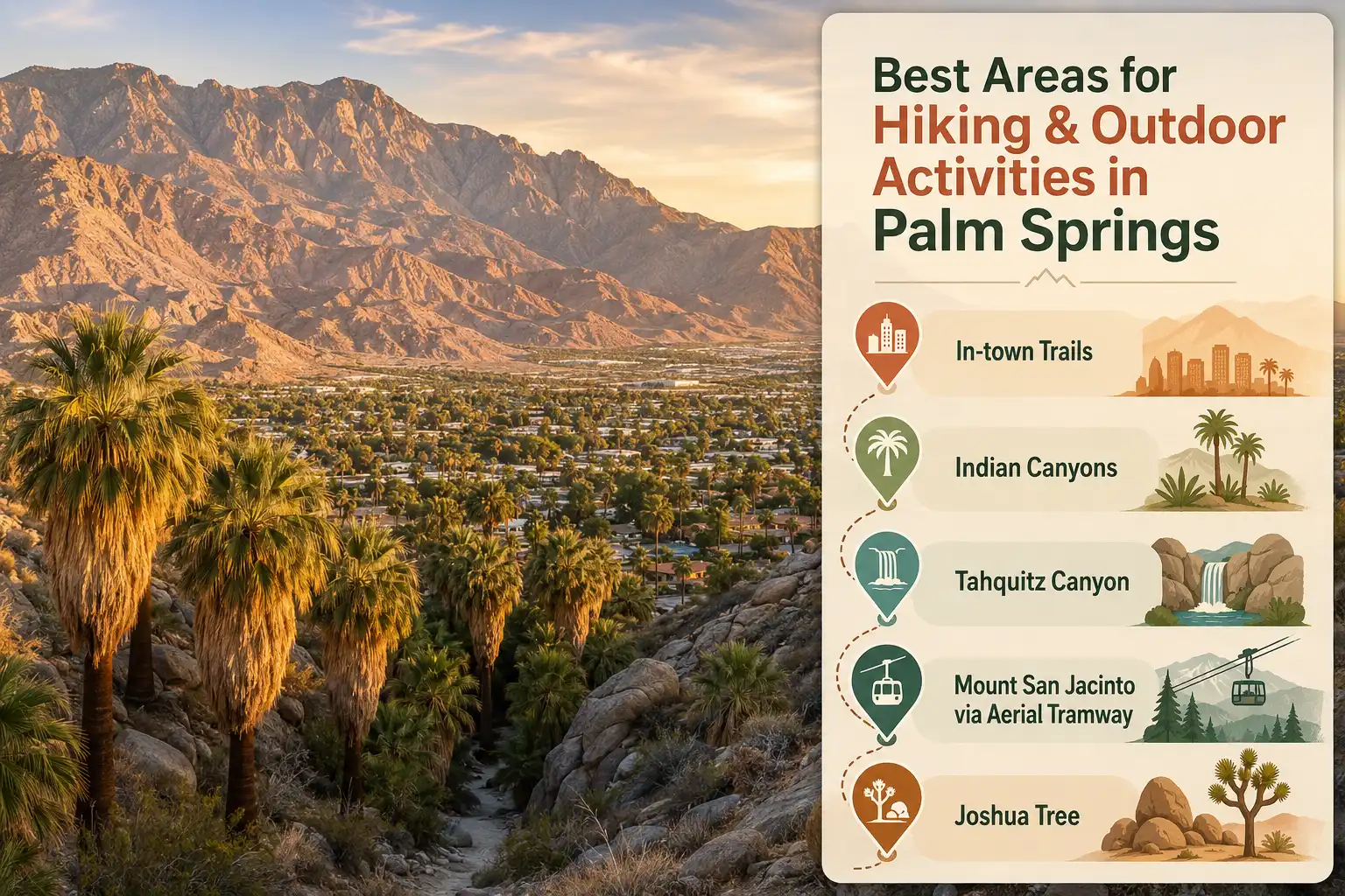 Infographic map about the best areas in Palm Springs for hiking and outdoor activities over a desert and mountain backdrop