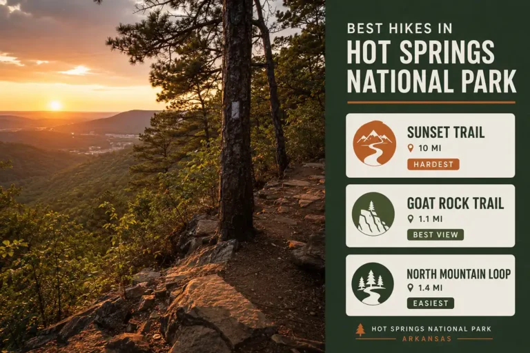 Infographic showing the best hikes in Hot Springs National Park including Sunset Trail, Goat Rock Trail, and North Mountain Loop with distances