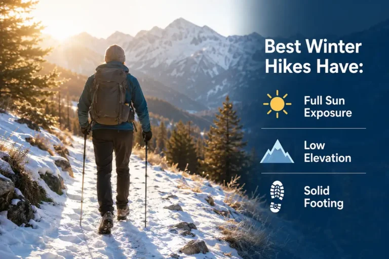 Infographic style photo showing a hiker on a snowy sunlit trail with text answering what makes the best hikes in the winter