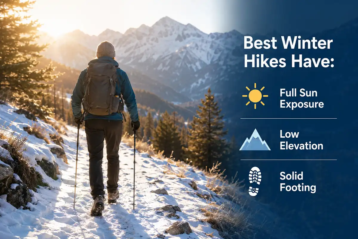 Infographic style photo showing a hiker on a snowy sunlit trail with text answering what makes the best hikes in the winter