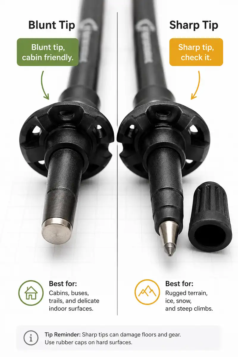 Close comparison of a rounded blunt trekking pole tip next to a pointed carbide tip with a removable rubber cap pulled off