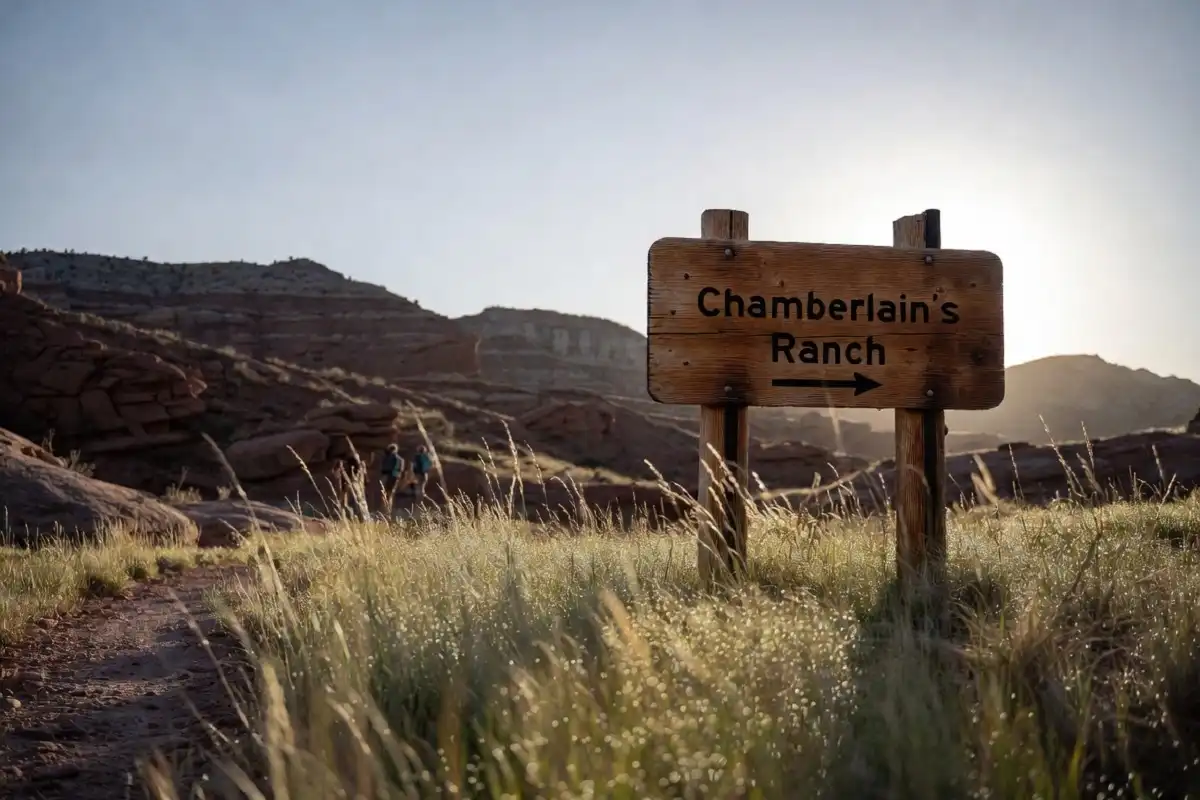 Trailhead sign and dirt path at Chamberlain's Ranch marking the start of the top-down Narrows wilderness hike