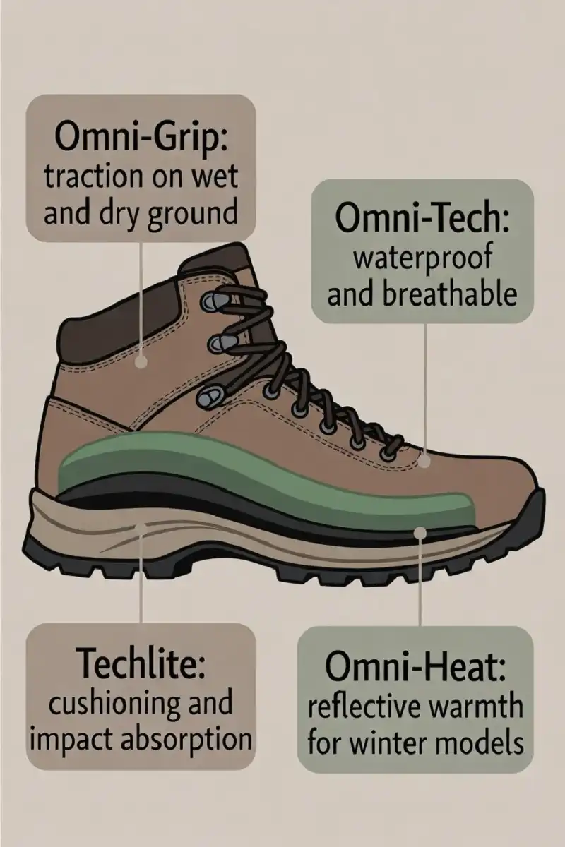 Infographic labeling four Columbia boot technologies Omni-Grip, Omni-Tech, Techlite and Omni-Heat on a cutaway hiking boot