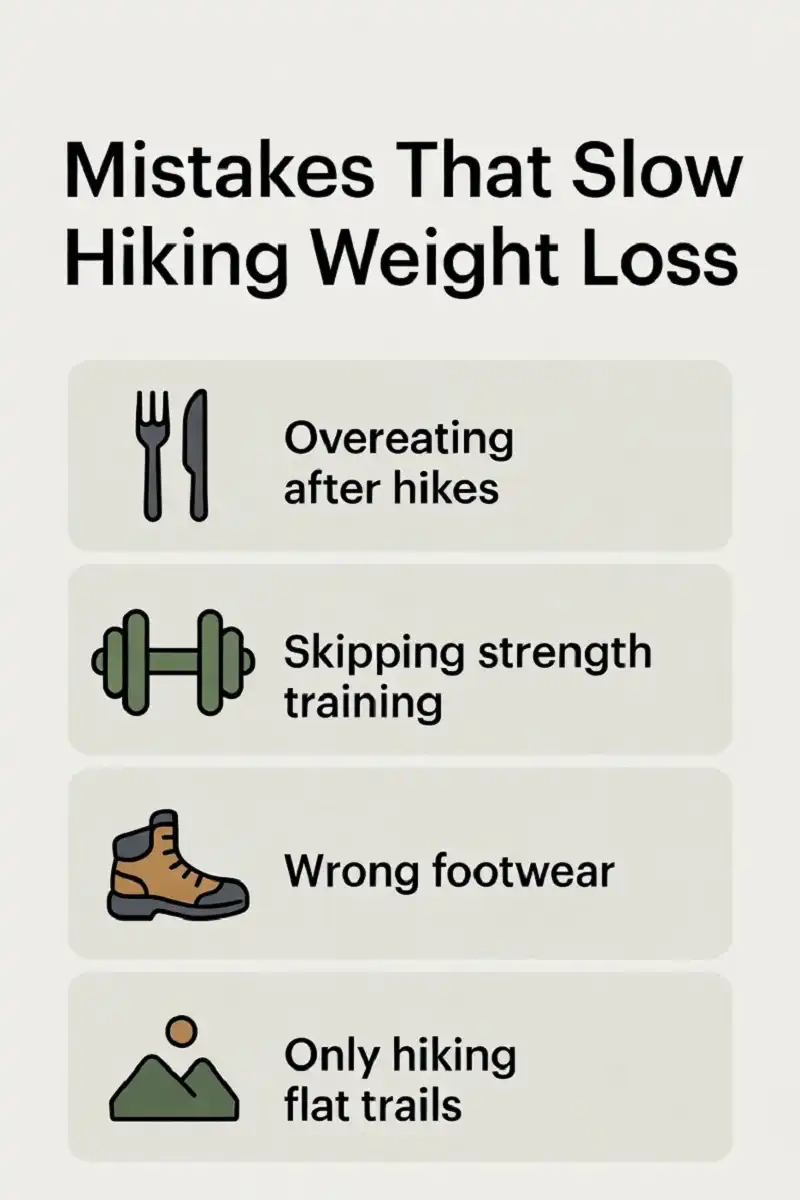 Infographic listing common mistakes that slow weight loss progress while hiking