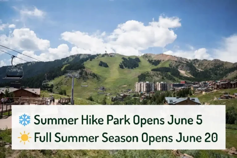 Copper Mountain resort village in summer with the June 5 Hike Park date and June 20 summer season date overlaid in bold text