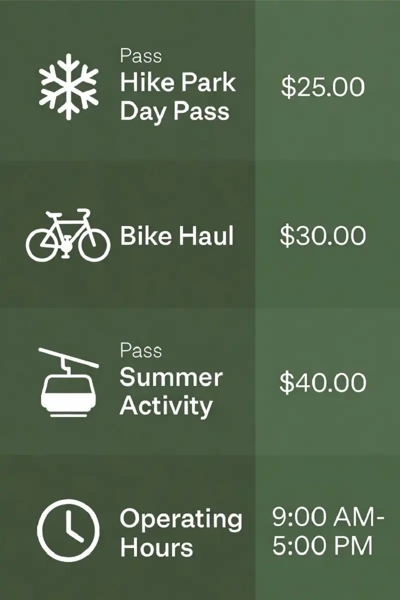 Copper Mountain summer hike park and bike haul prices listed alongside daily operating hours
