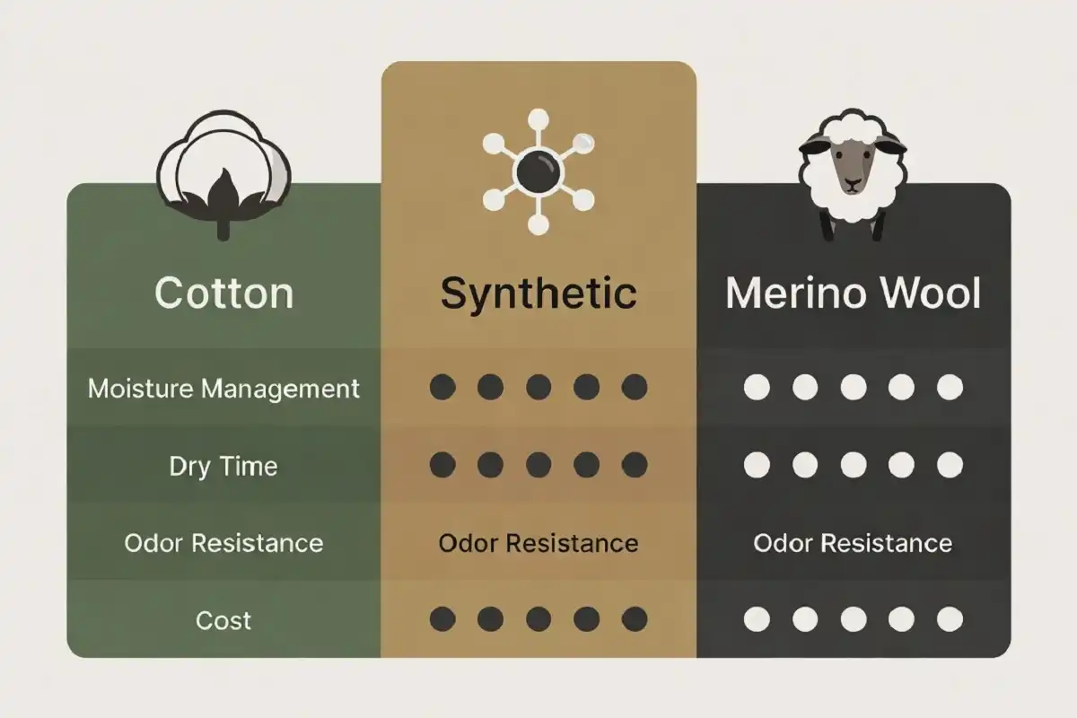 Infographic comparing cotton synthetic and merino wool fabrics for moisture management dry time odor resistance and cost