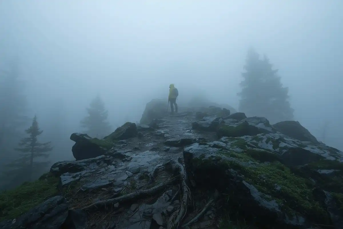 A hiker on a rocky Smoky Mountain trail surrounded by thick fog with low visibility and wet rocks