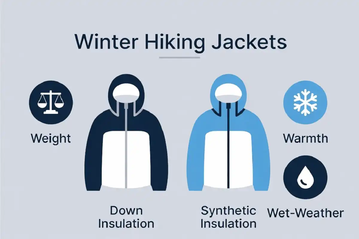 Infographic comparing down and synthetic insulated jackets for winter hiking