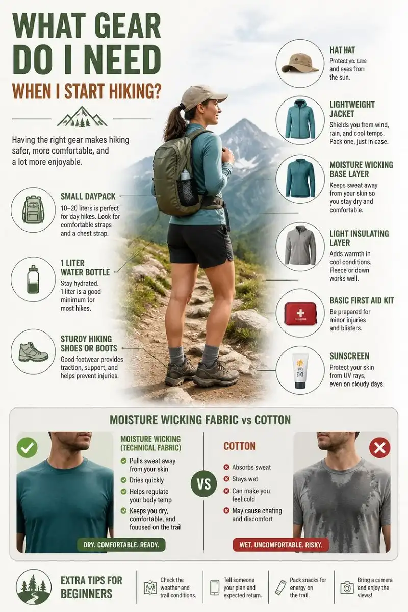Beginner hiking gear infographic showing hiking shoes, daypack, water, jacket, first aid kit, sunscreen, hat, and moisture wicking layers.