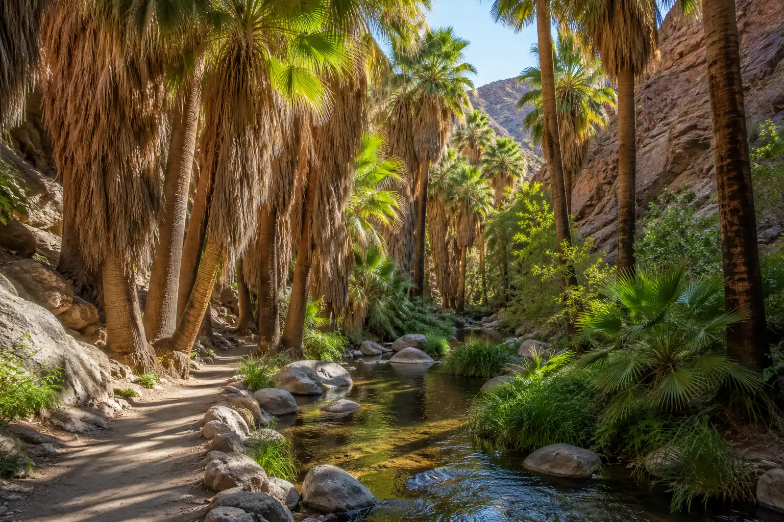 Shaded grove of California fan palms lining a clear stream inside the Indian Canyons near Palm Springs