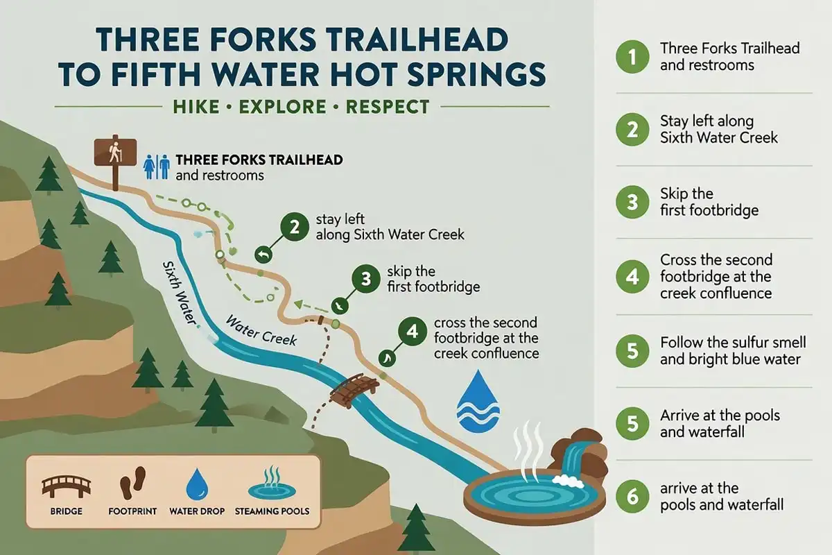 Trail route from Three Forks Trailhead to Fifth Water Hot Springs showing numbered steps, creek crossings, and the second footbridge to cross