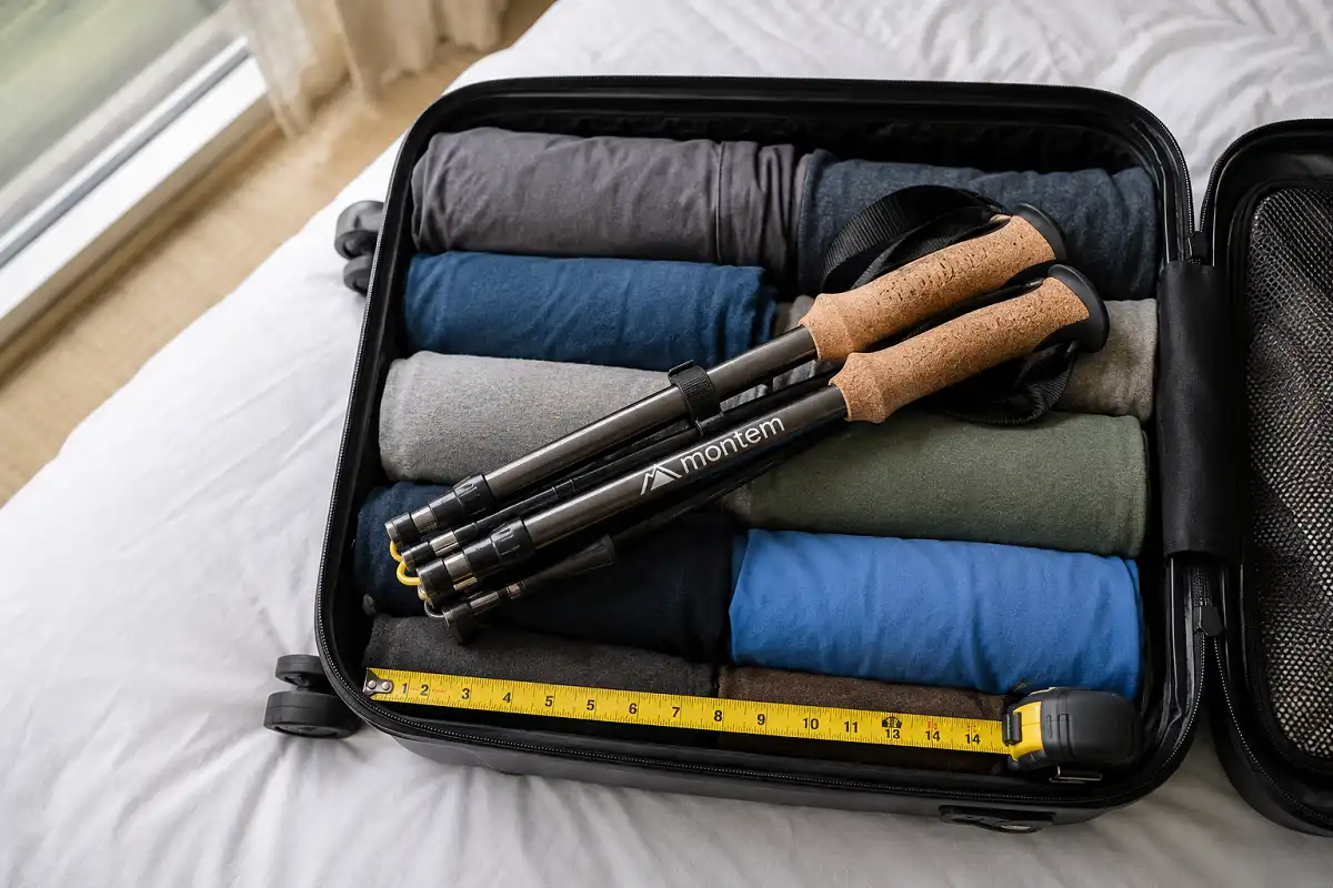 Z-fold trekking poles collapsed to about fifteen inches lying inside an open carry-on suitcase next to rolled clothes