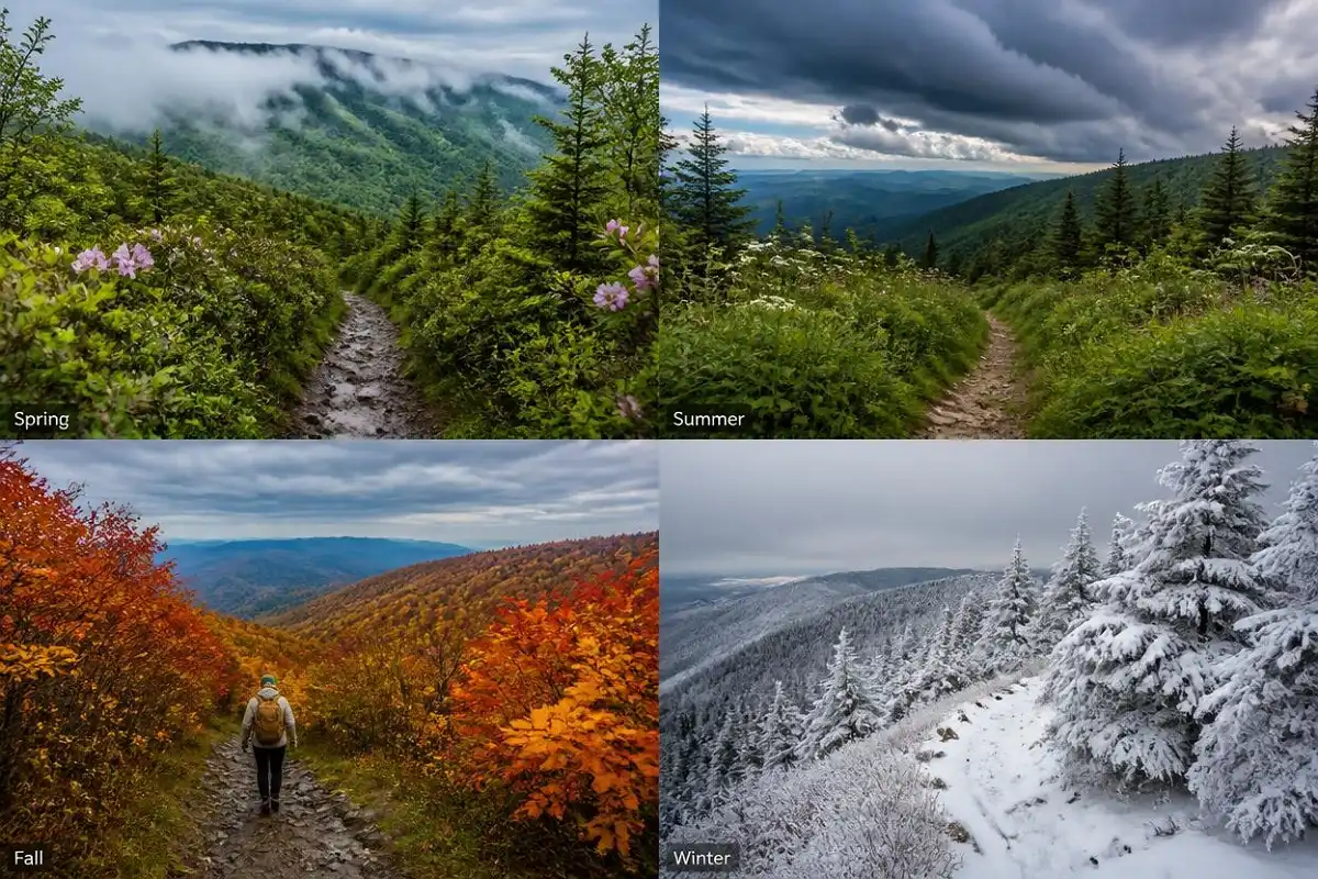 Four-panel image of spring wildflowers, a summer thunderstorm, fall foliage, and a snowy winter trail in the Great Smoky Mountains
