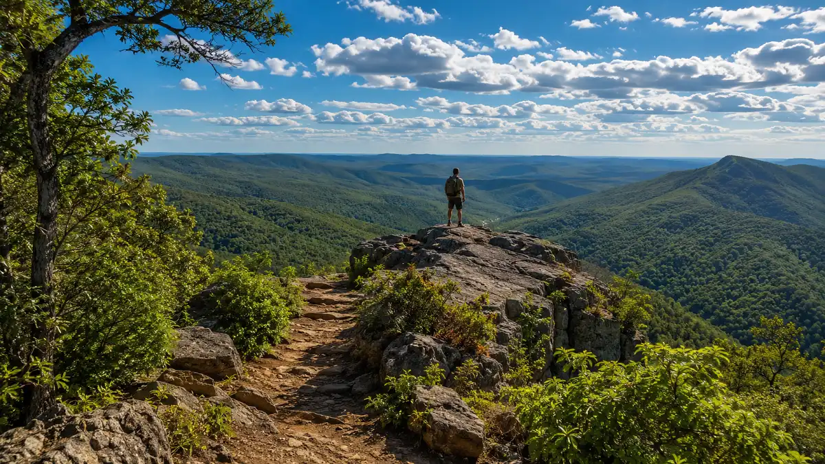 Hiker standing at Goat Rock Overlook looking out over forested mountains in Hot Springs National Park