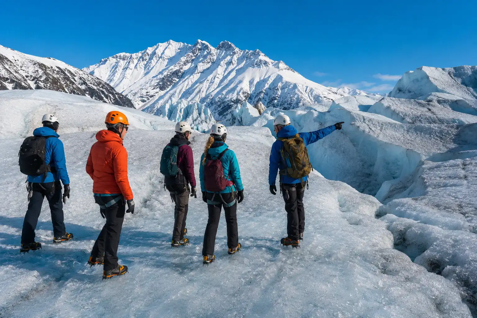 Small group wearing ice cleats and helmets hiking the blue ice of Matanuska Glacier on a clear winter day