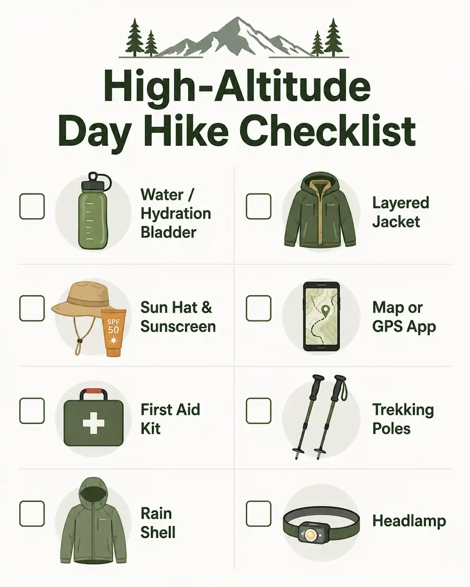 Checklist graphic showing recommended gear for a high altitude day hike including water, layers, sun protection and navigation