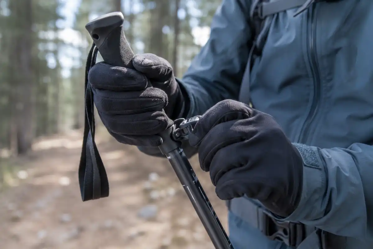 Close up photorealistic image of a hiker adjusting the length of an adjustable trekking pole on a forest trail
