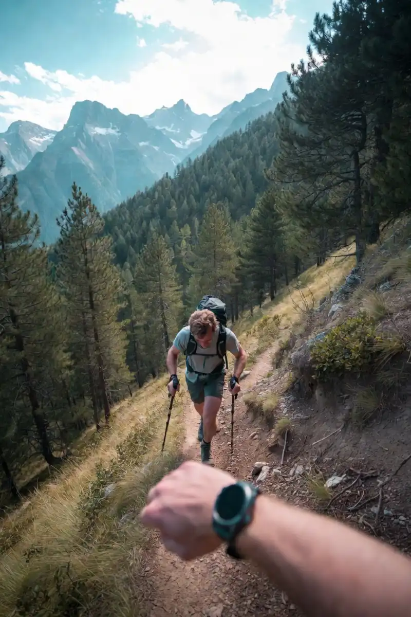 Hiker maintaining a steady pace while checking a smartwatch during a strenuous mountain climb
