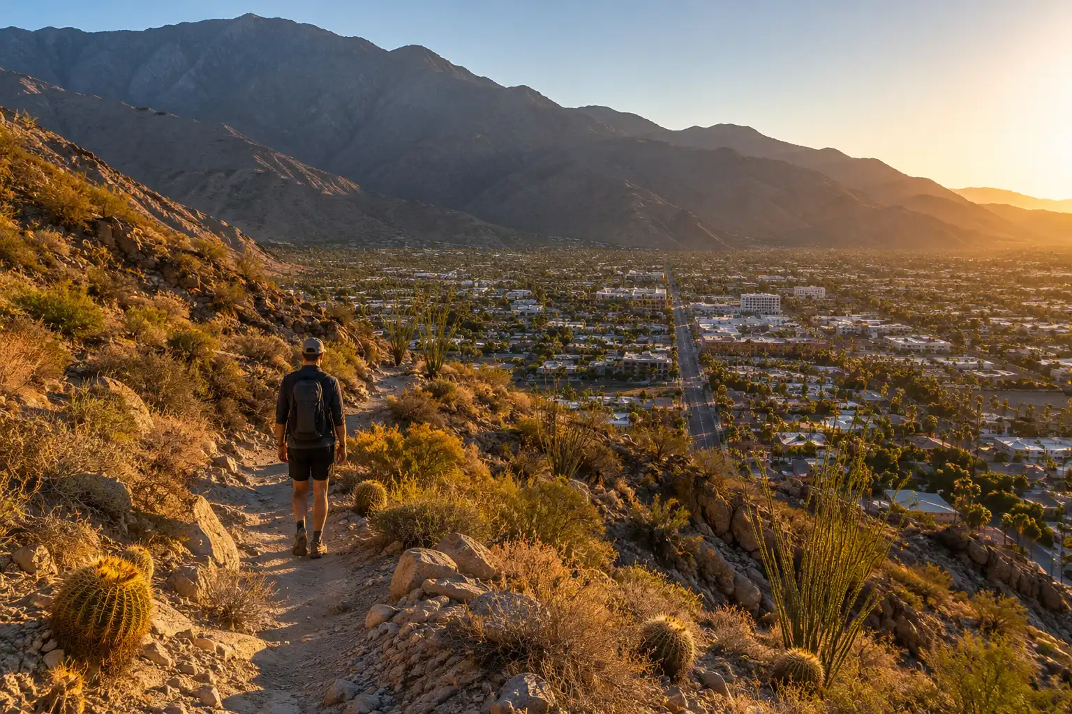 Hiker climbing a rocky foothill trail above downtown Palm Springs with the desert city and palm trees below