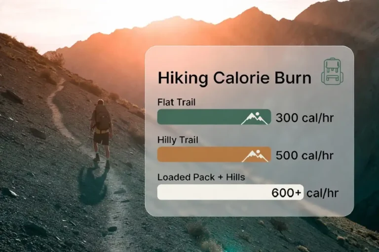 Hiker climbing a steep trail with an infographic showing calories burned per hour while hiking