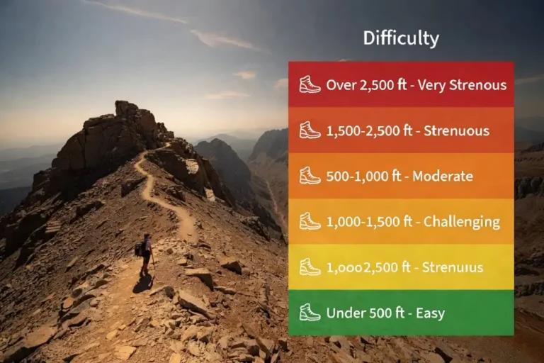 Hiker climbing a steep mountain switchback trail with an infographic overlay showing elevation gain difficulty levels from easy to very strenuous