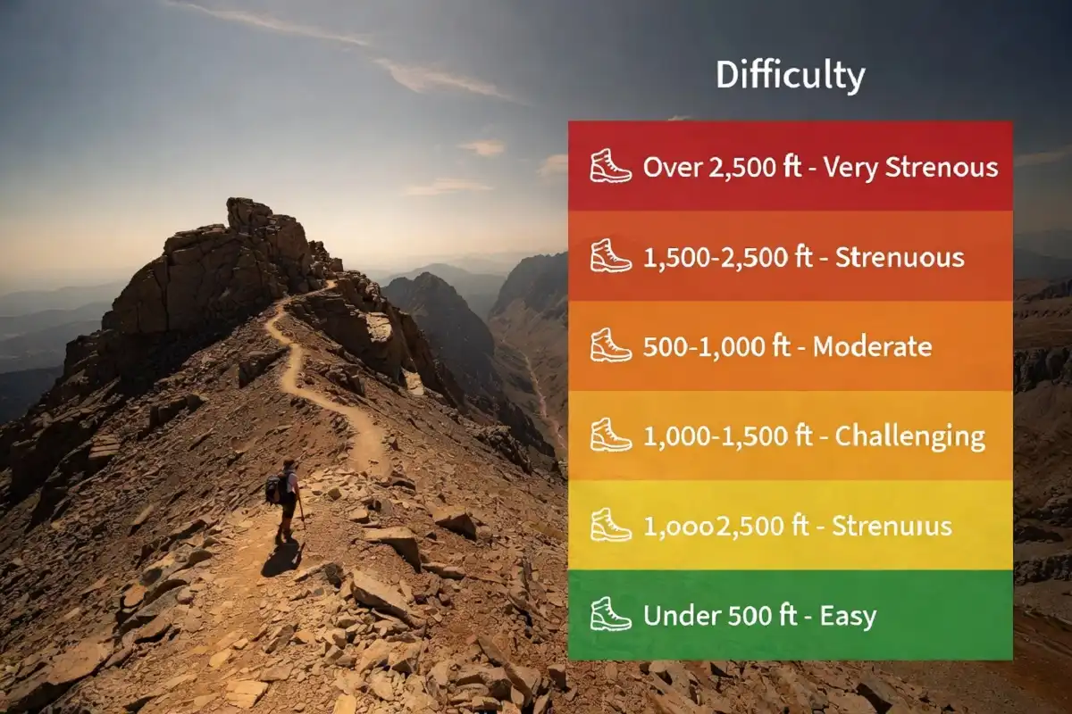 Hiker climbing a steep mountain switchback trail with an infographic overlay showing elevation gain difficulty levels from easy to very strenuous