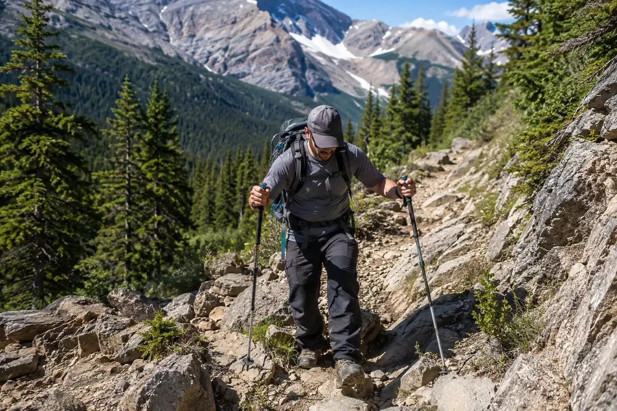 Photorealistic hiker using trekking poles for balance while descending a steep uneven trail