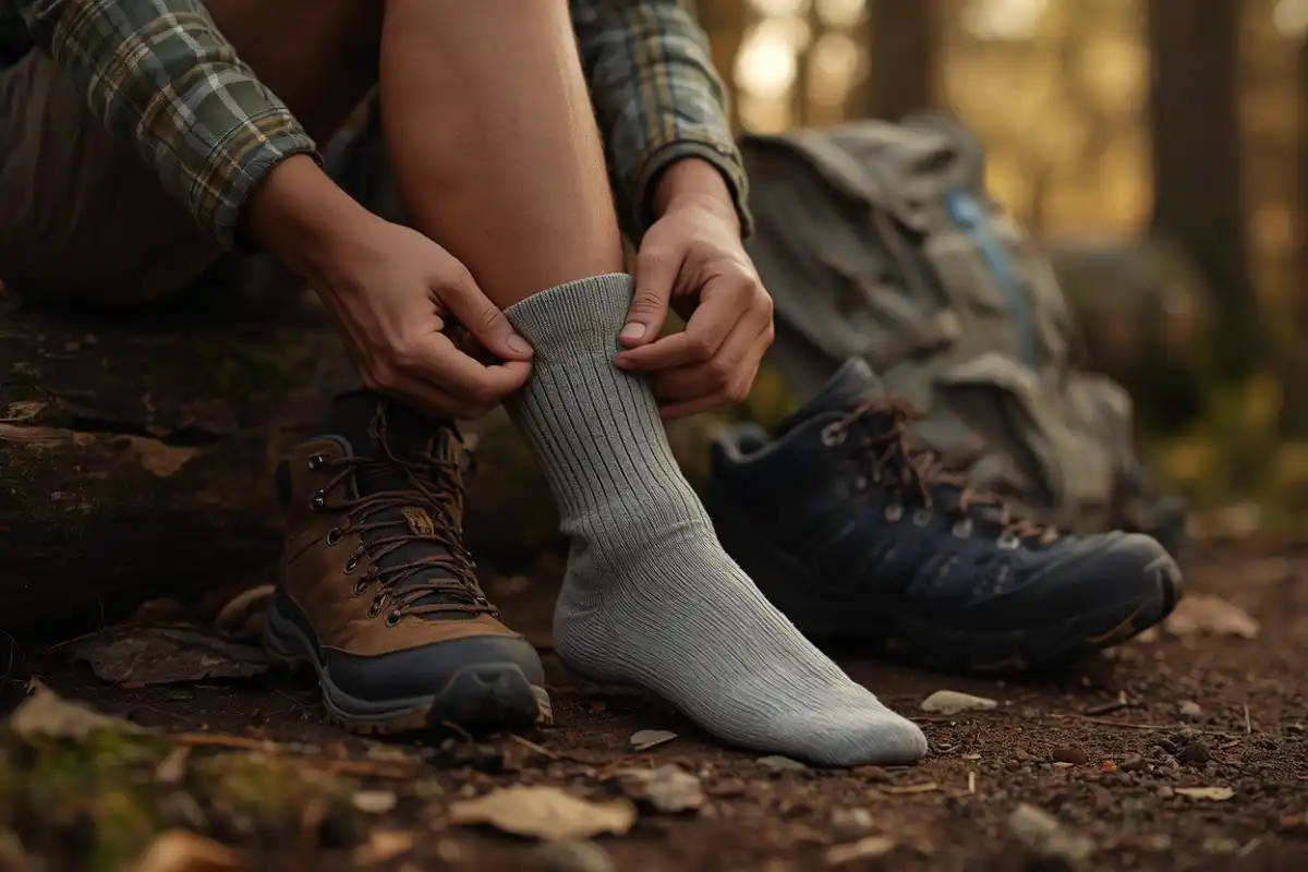 Hiker seated on a log pulling a gray merino wool crew sock over the ankle next to a pair of hiking boots