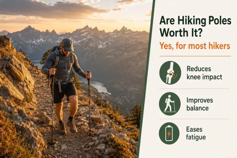 Photorealistic hiker using hiking poles on a rocky mountain trail beside an infographic panel answering are hiking poles worth it