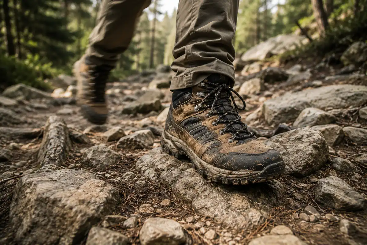 Person wearing sturdy hiking boots with ankle support walking across a rocky uneven trail