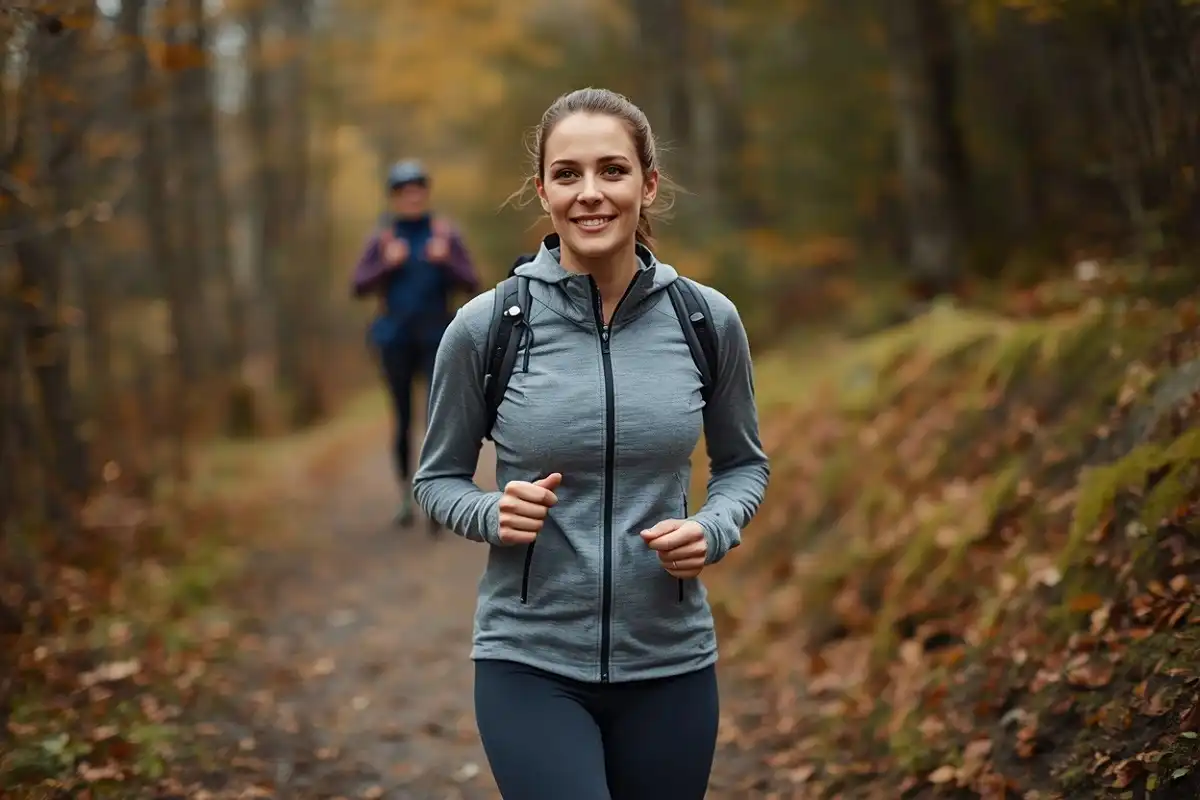 Hiker wearing layered clothing on cool weather trail