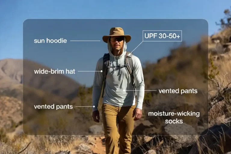 Hiker on a sunlit trail wearing a hooded sun shirt, wide brim hat, and lightweight pants with each clothing piece labeled