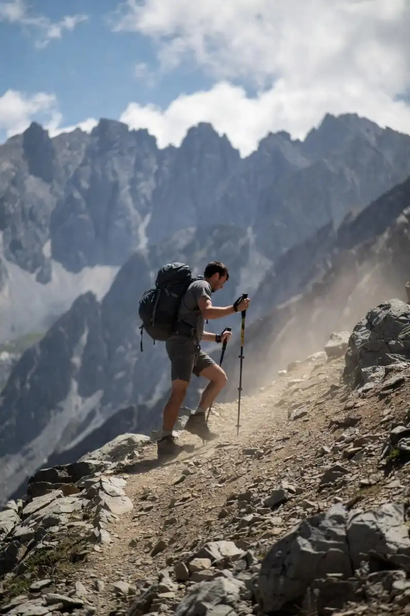 Hiker using trekking poles and a weighted backpack while climbing a rocky mountain trail