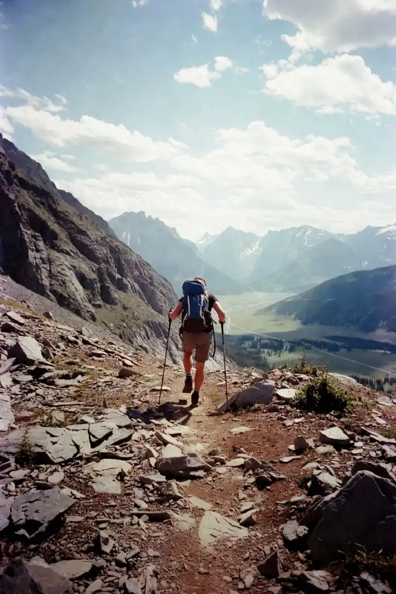 Hiker with trekking poles on rocky alpine trail