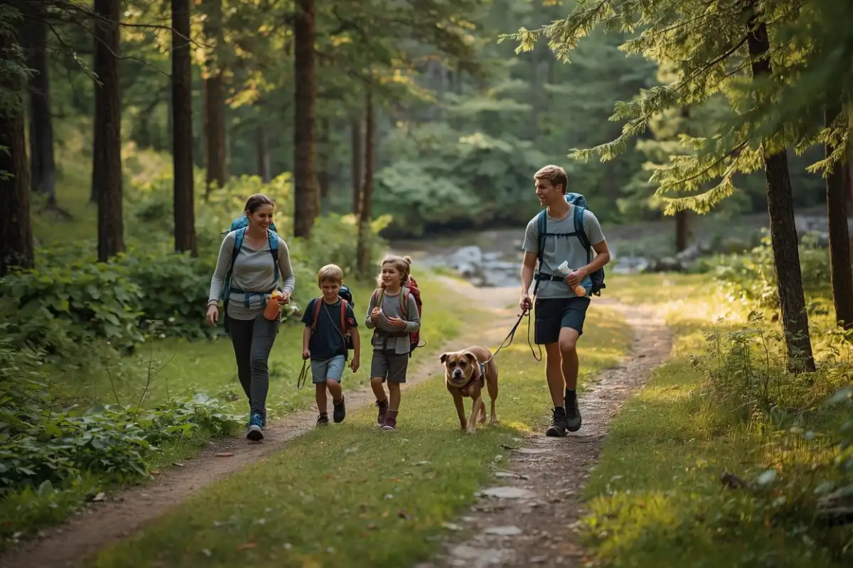 Family hiking with children and a dog on an easy forest trail with backpacks, snacks, and water.