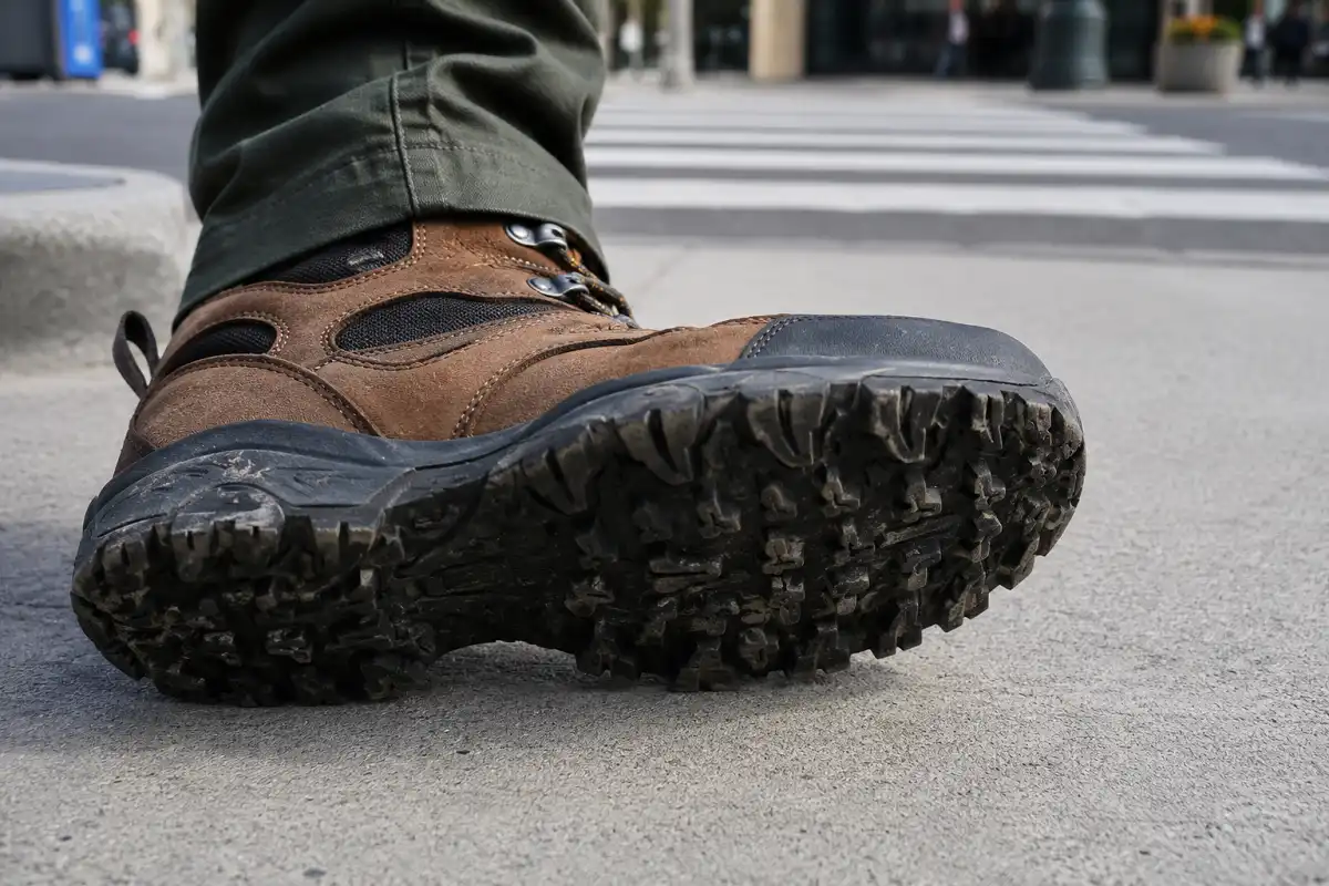 Close-up of a hiking boot deep lug sole pressing against smooth gray concrete pavement