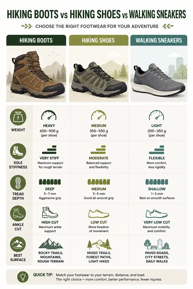 Three types of footwear side by side with labels for weight sole tread and ankle height