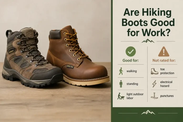Photorealistic comparison of a hiking boot and a steel toe work boot side by side with an infographic overlay answering are hiking boots good for work
