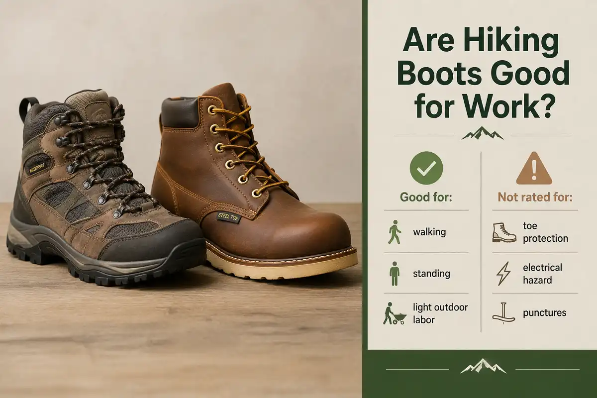 Photorealistic comparison of a hiking boot and a steel toe work boot side by side with an infographic overlay answering are hiking boots good for work