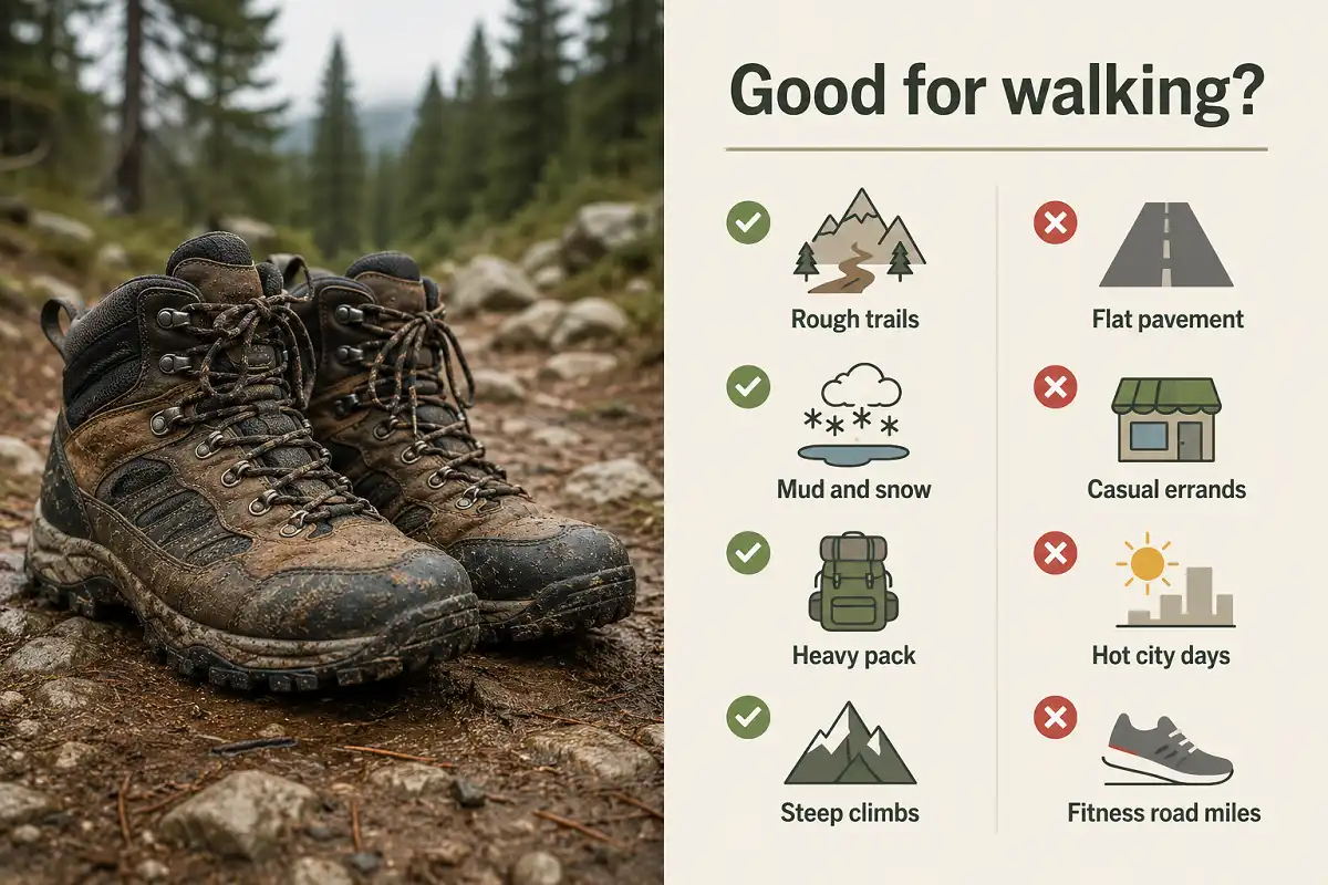 A pair of hiking boots on a rocky trail next to a simple guide marking good and poor surfaces for walking in them